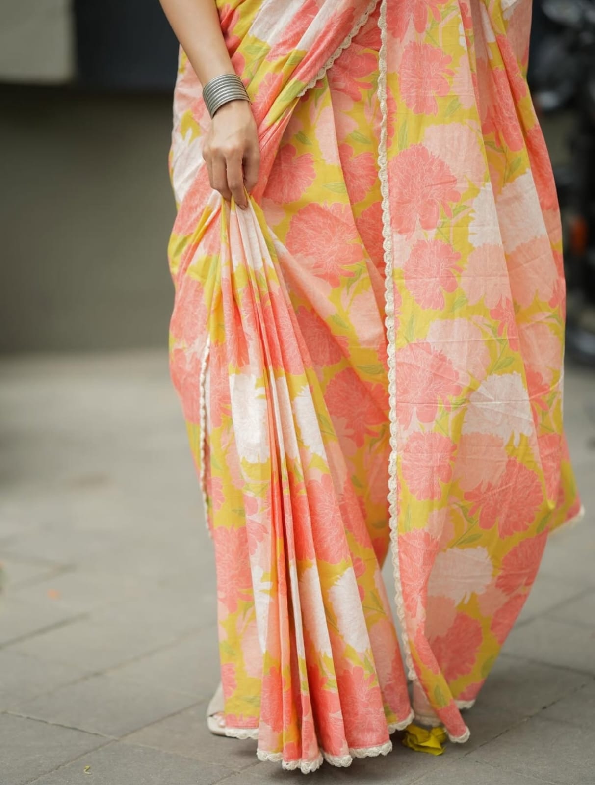 Peach Yellow Floral Linen Saree with Soft Pastel Print