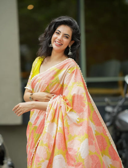 Peach Yellow Floral Linen Saree with Soft Pastel Print