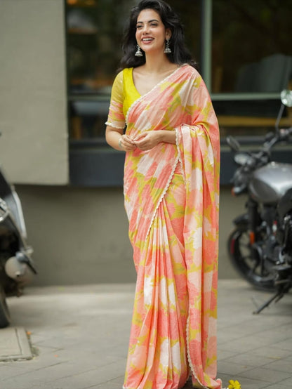 Peach Yellow Floral Linen Saree with Soft Pastel Print