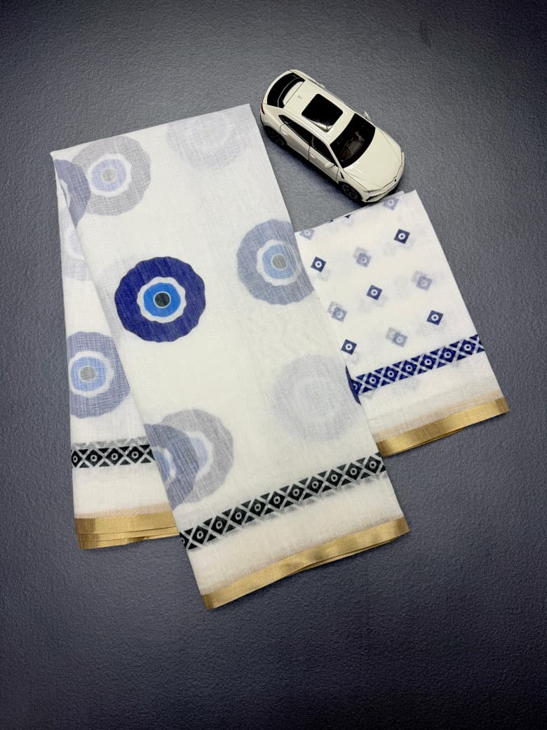 White Linen Saree with Blue Abstract Print & Contrast Border