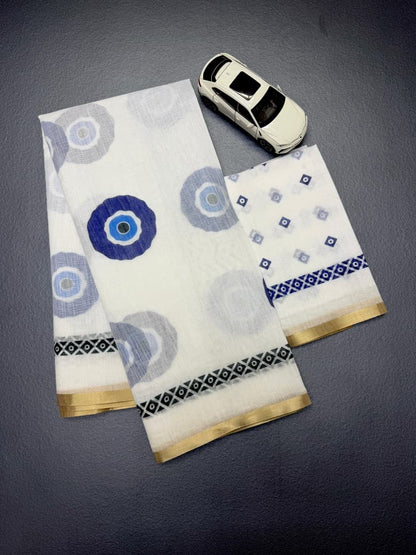 White Linen Saree with Blue Abstract Print & Contrast Border