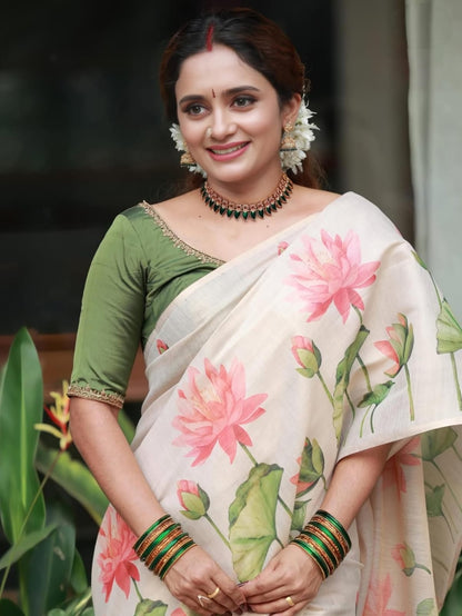Off White Lotus Print Linen Saree with Elegant Floral Design