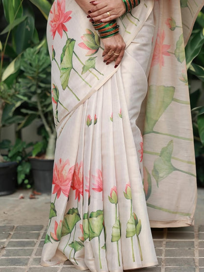 Off White Lotus Print Linen Saree with Elegant Floral Design
