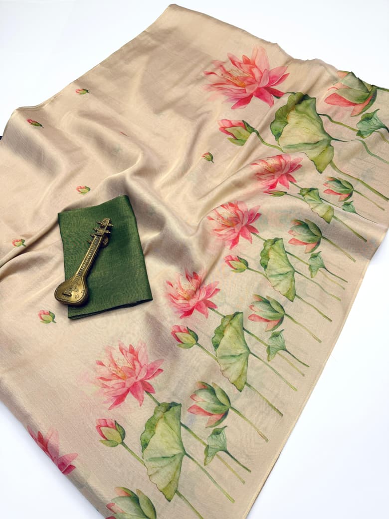 Off White Lotus Print Linen Saree with Elegant Floral Design