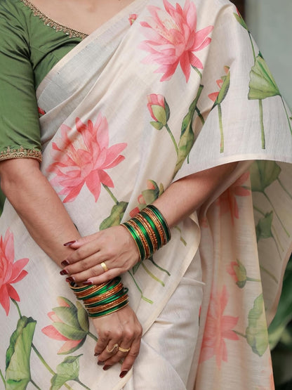 Off White Lotus Print Linen Saree with Elegant Floral Design