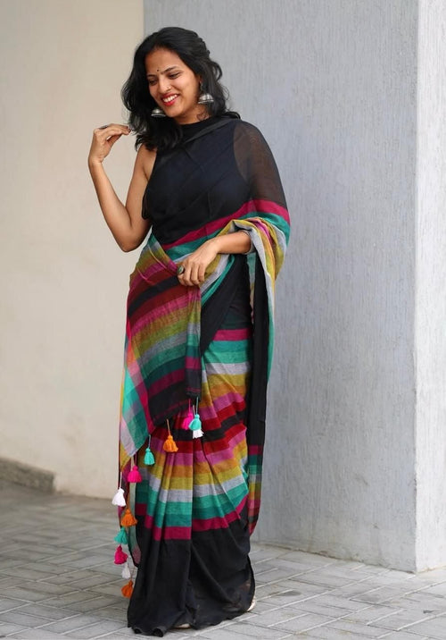 Black Linen Saree with Multicolor Striped Pallu