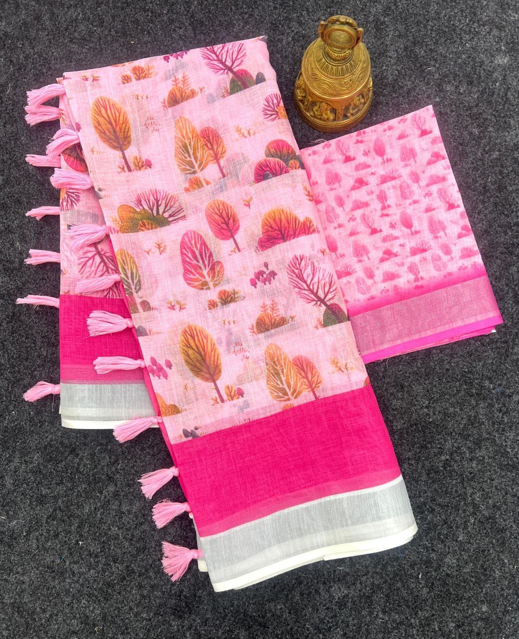 Pink Floral Linen Saree with Silver Border