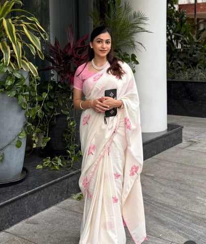 Off White Pink Lotus Linen Saree with Soft Floral Print