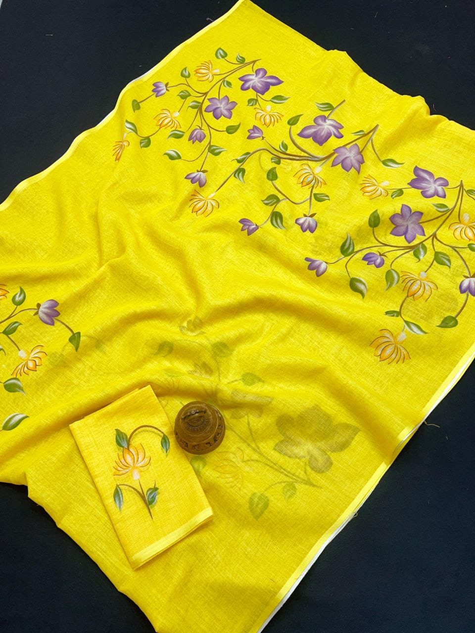 Yellow Floral Linen Saree with Hand Painted Design