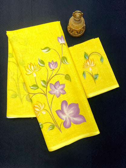 Yellow Floral Linen Saree with Hand Painted Design
