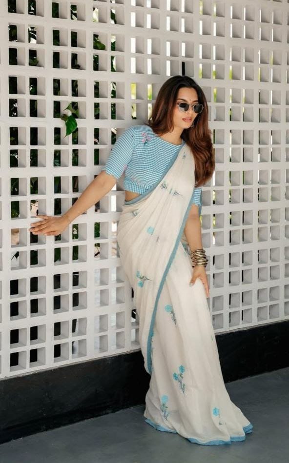 Off White Sky Blue Floral Linen Saree with Contrast Border