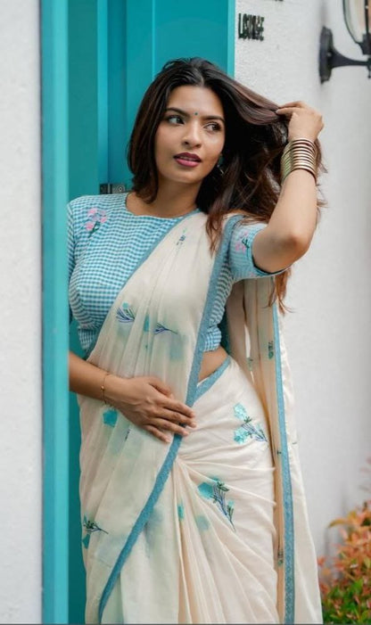 Off White Sky Blue Floral Linen Saree with Contrast Border