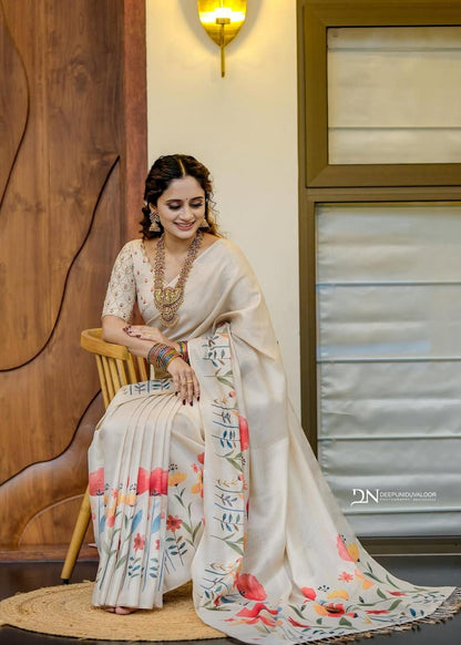 Beige Floral Satin Saree Elegant Lightweight Printed Saree for Women