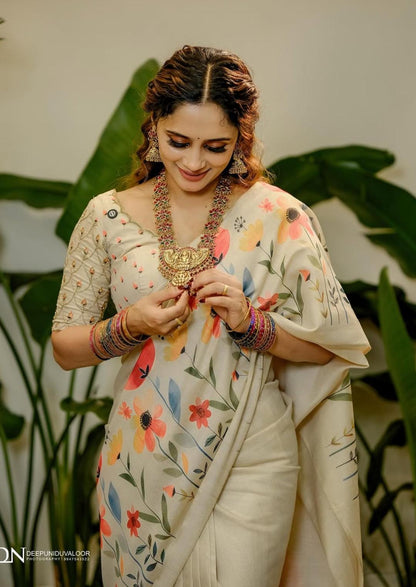 Beige Floral Satin Saree Elegant Lightweight Printed Saree for Women