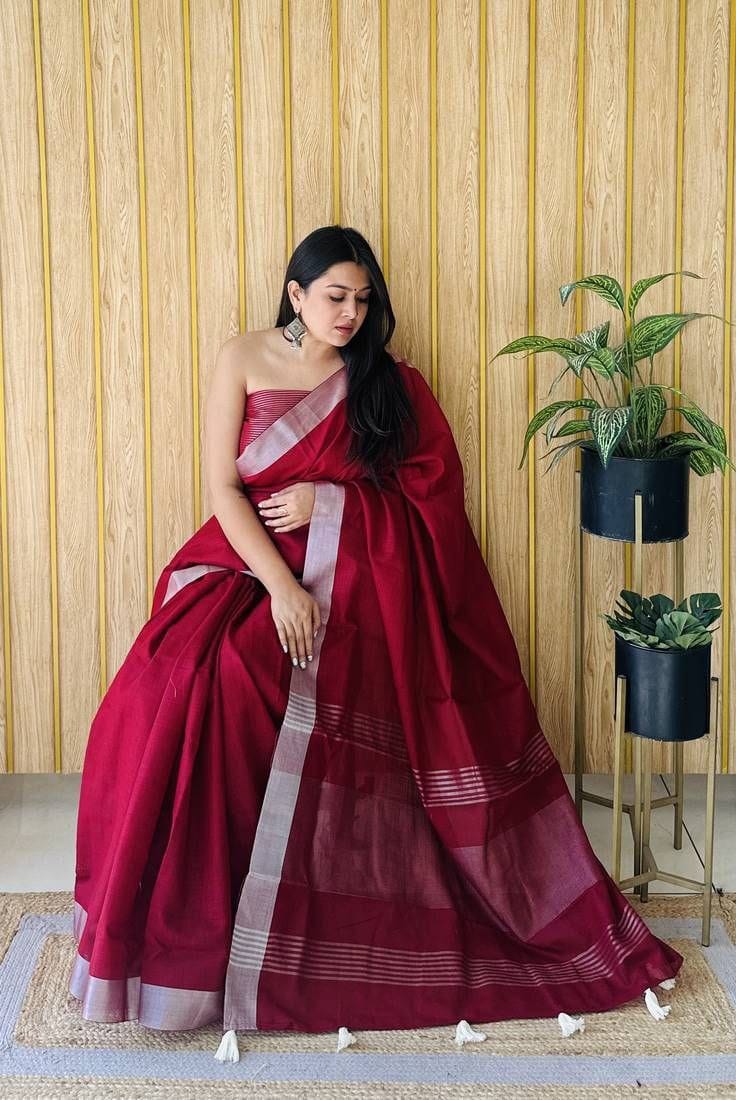 Red Linen Saree with Silver Border Elegant Lightweight Festive Wear Saree for Women