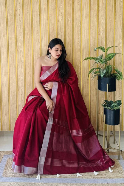 Red Linen Saree with Silver Border Elegant Lightweight Festive Wear Saree for Women