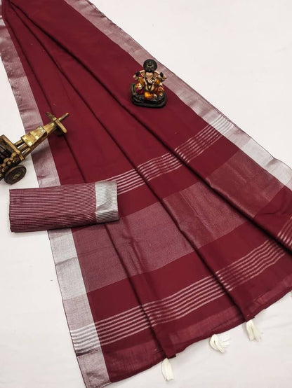 Red Linen Saree with Silver Border Elegant Lightweight Festive Wear Saree for Women