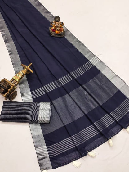 Navy Blue Silk Cotton Saree with Silver Border | Elegant Traditional Saree for Women