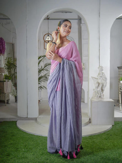 Blush Pink & Slate Grey Linen Saree with Striped Pallu