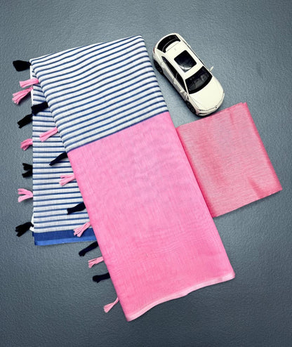 Blush Pink & Slate Grey Linen Saree with Striped Pallu