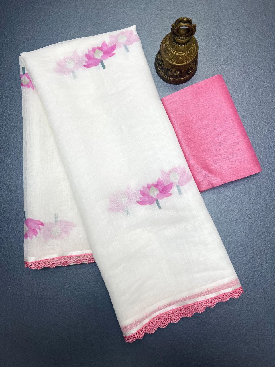 Ivory White & Blush Pink Linen Saree with Floral Design