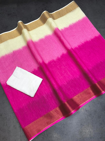 Ivory White and Rani Pink Linen Zari Saree with Golden Border