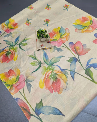 Beige Cream & Multicolor Floral Linen Saree with Tassels