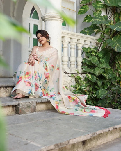Beige Cream & Multicolor Floral Linen Saree with Tassels