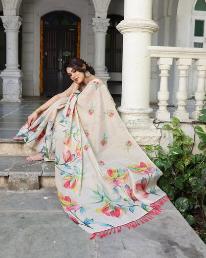 Beige Cream & Multicolor Floral Linen Saree with Tassels