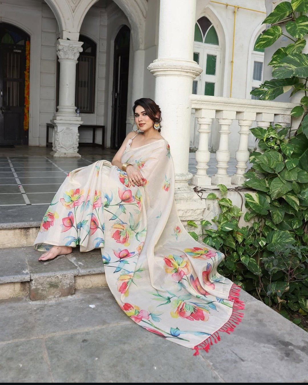 Beige Cream & Multicolor Floral Linen Saree with Tassels