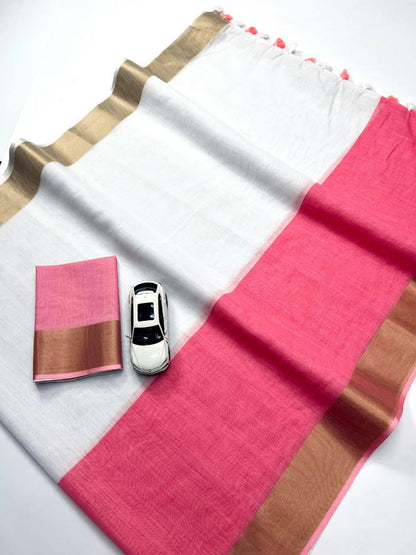 Premium Pink Linen Saree with Golden Border Elegant Designer Saree