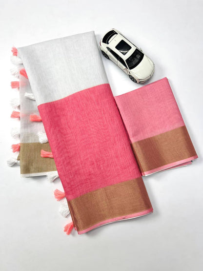 Premium Pink Linen Saree with Golden Border Elegant Designer Saree