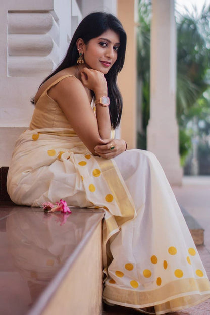 Elegant White Polka Dot Linen Saree with Golden Border