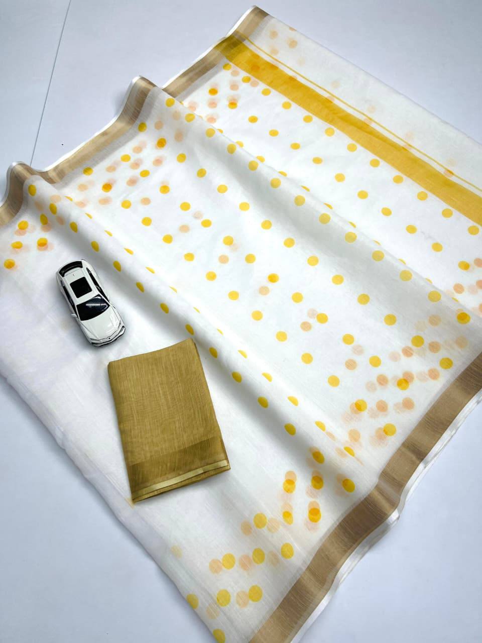 Elegant White Polka Dot Linen Saree with Golden Border