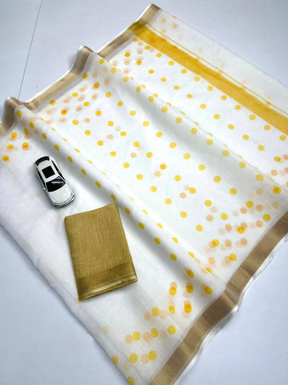 Elegant White Polka Dot Linen Saree with Golden Border