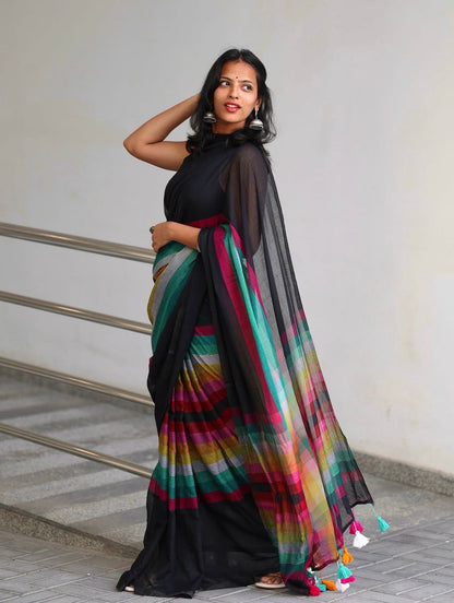 Black Linen Saree with Multicolor Striped Pallu