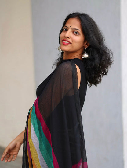 Black Linen Saree with Multicolor Striped Pallu