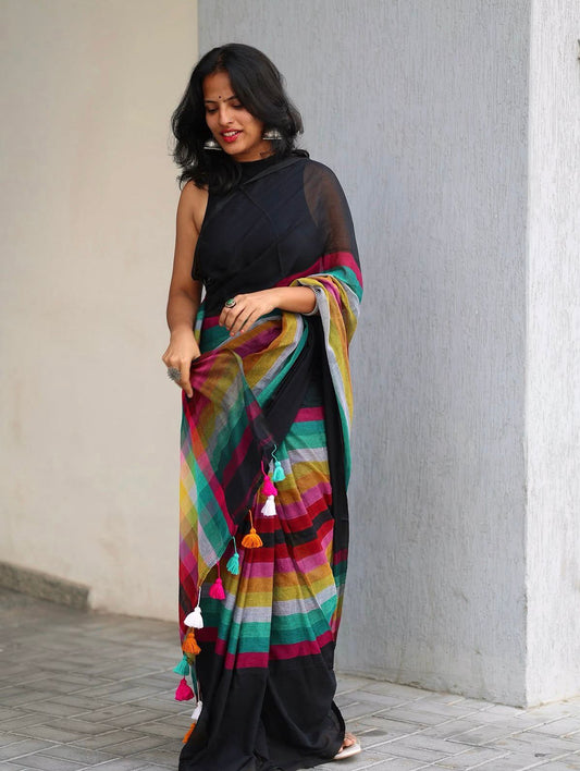Black Linen Saree with Multicolor Striped Pallu