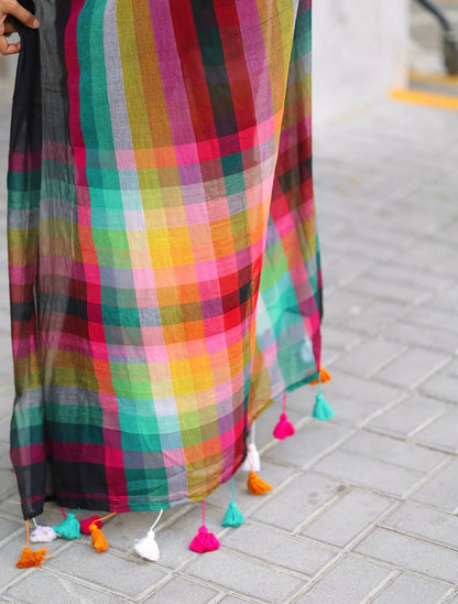 Black Linen Saree with Multicolor Striped Pallu