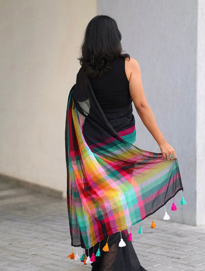 Black Linen Saree with Multicolor Striped Pallu