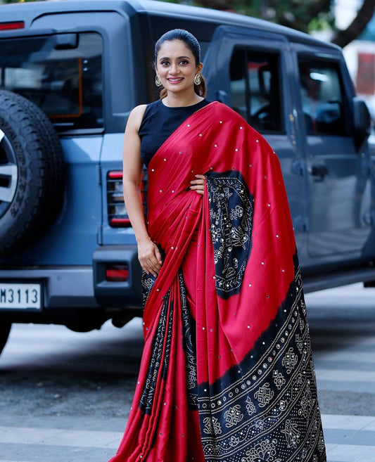 Red & Black Gajji Silk Saree with Bandhani Inspired Border