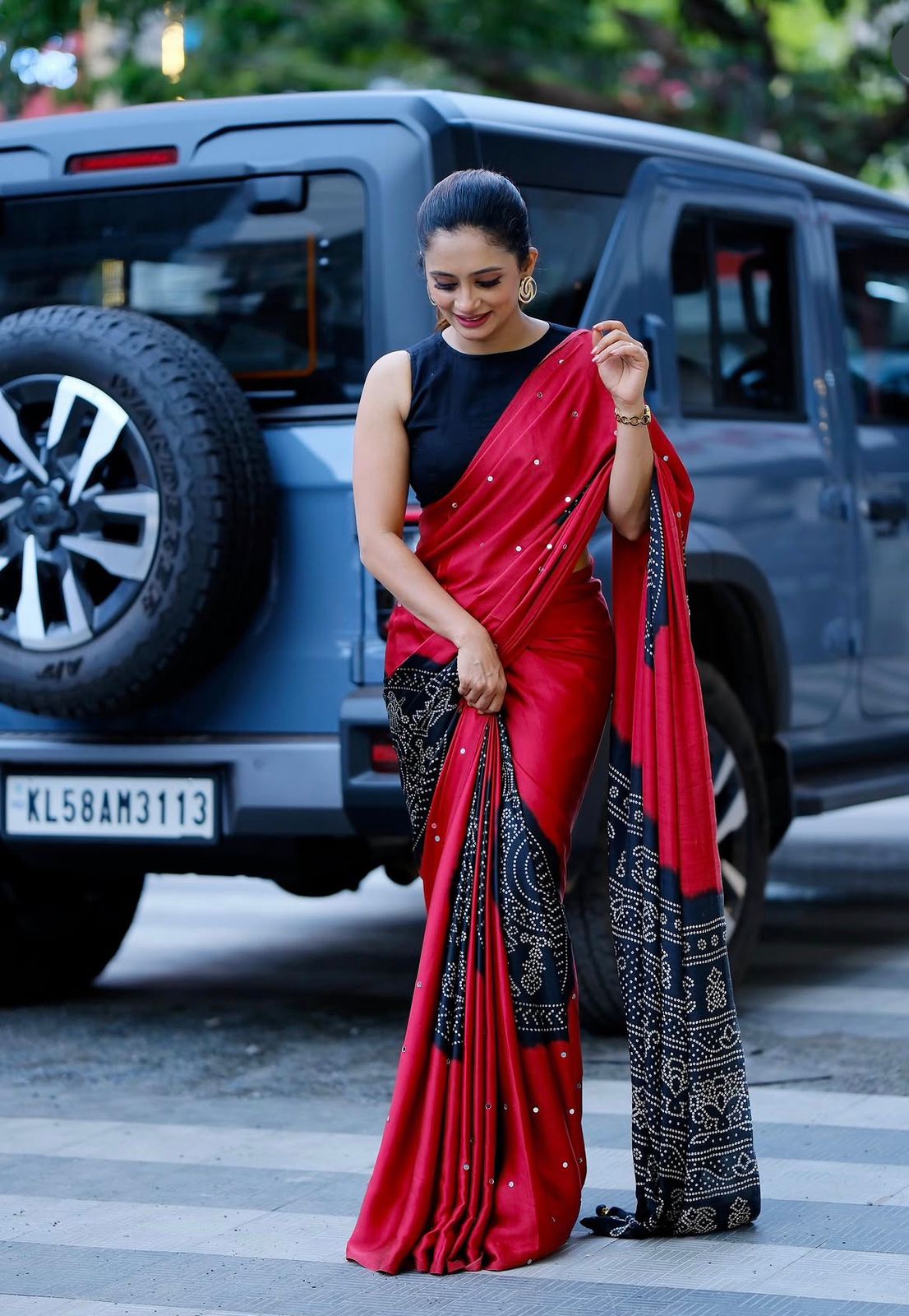 Red & Black Gajji Silk Saree with Bandhani Inspired Border