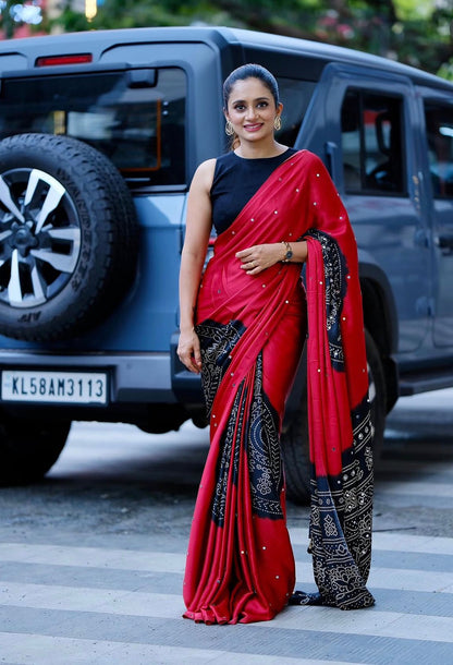 Red & Black Gajji Silk Saree with Bandhani Inspired Border