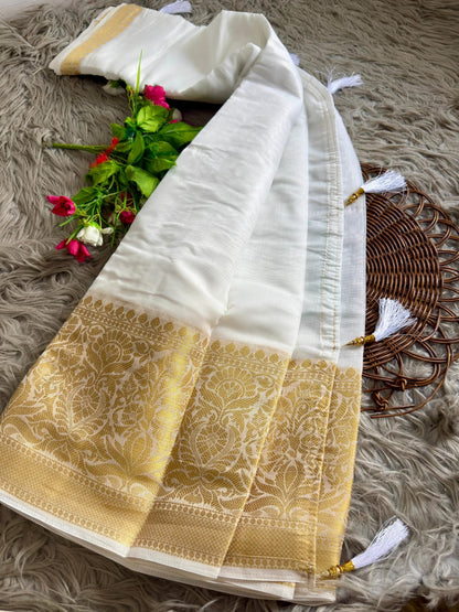 Onam White Linen Saree with Golden Border