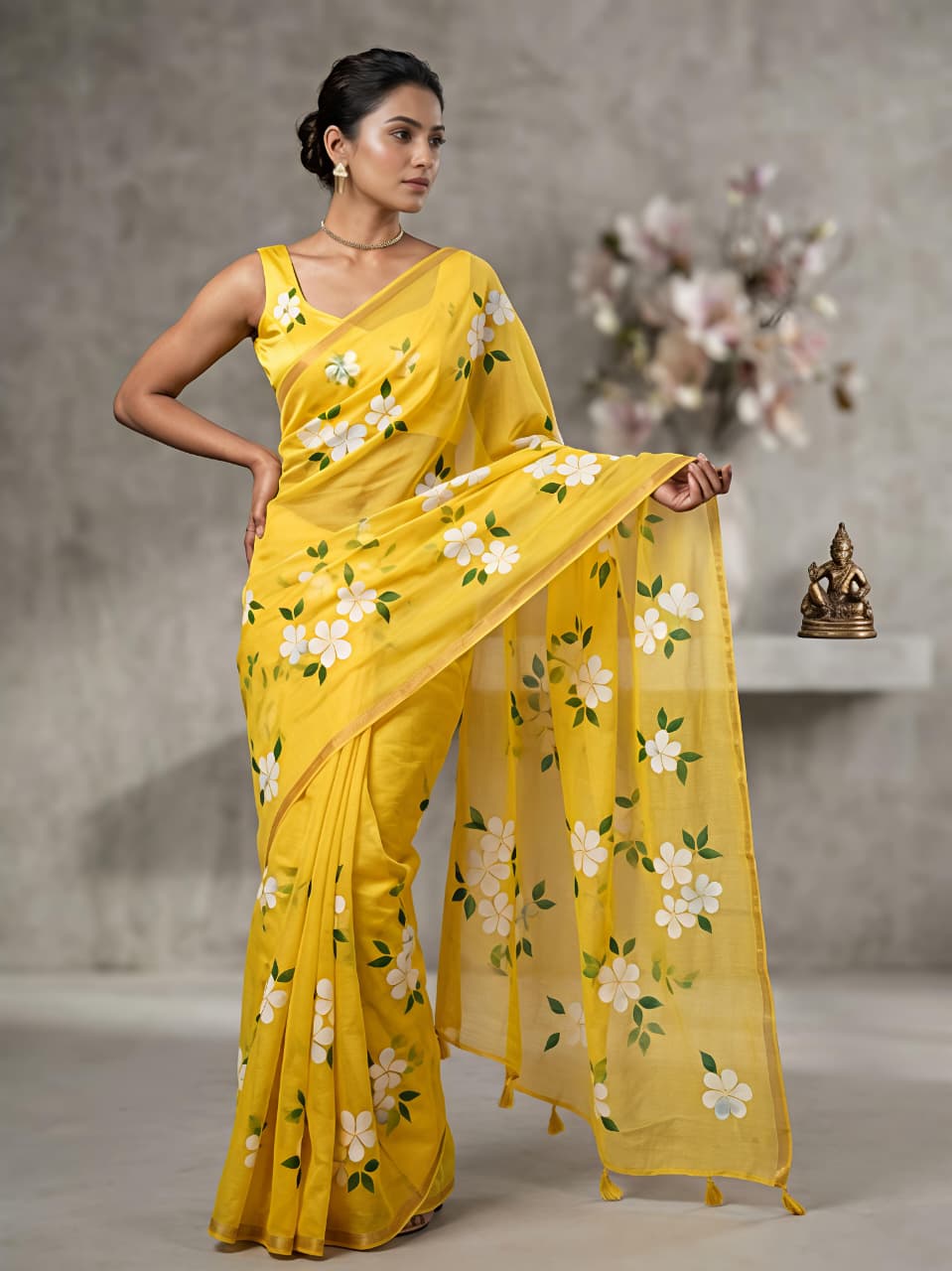 Vibrant Yellow Floral Saree with Tassel Detail