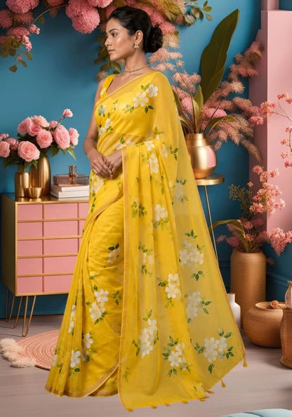 Vibrant Yellow Floral Saree with Tassel Detail