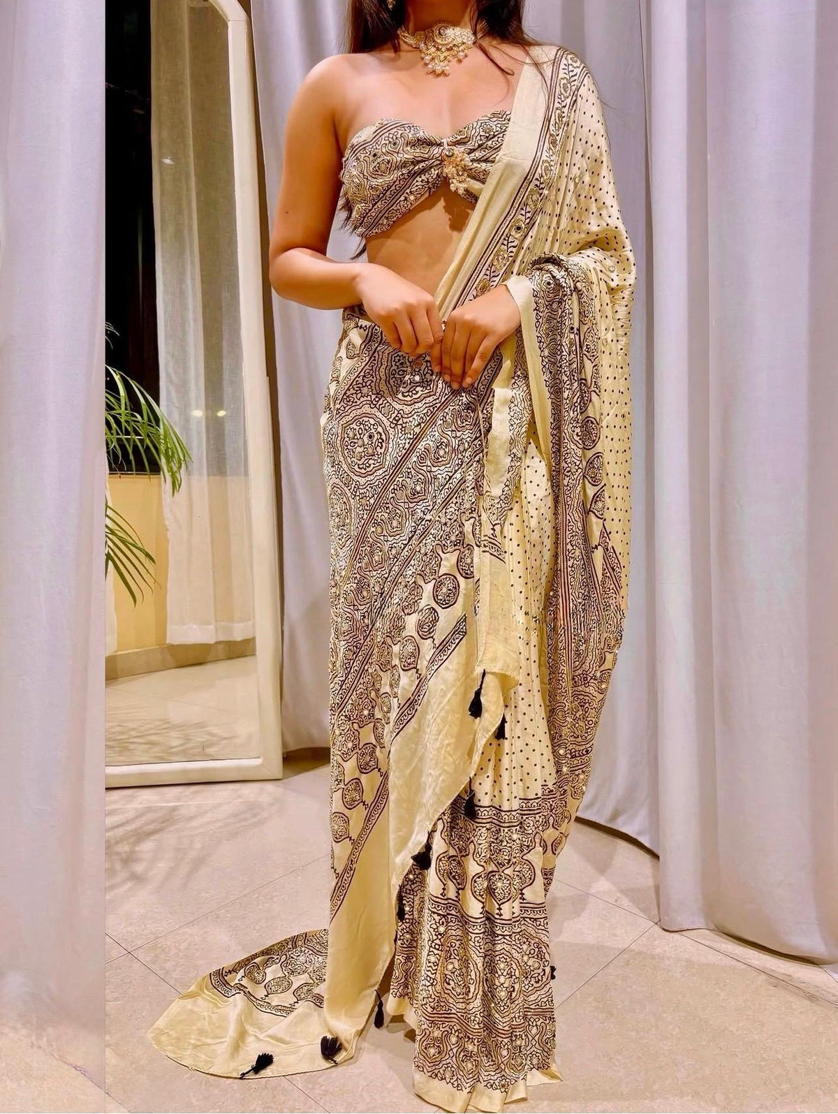 Ivory Modal Silk Saree Ajrakh Print Hand Set Mirrors