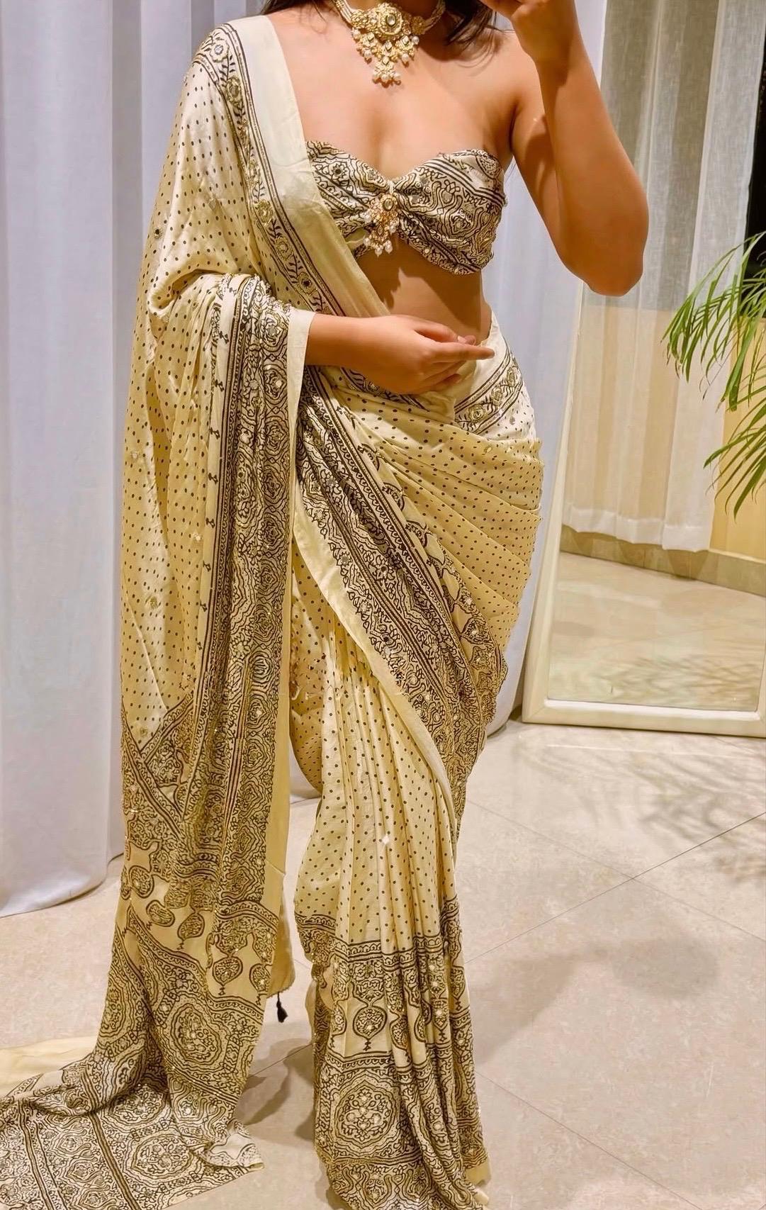 Ivory Modal Silk Saree Ajrakh Print Hand Set Mirrors