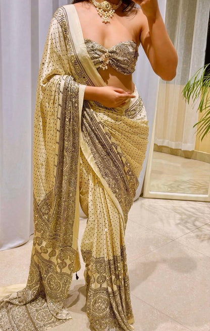 Ivory Modal Silk Saree Ajrakh Print Hand Set Mirrors