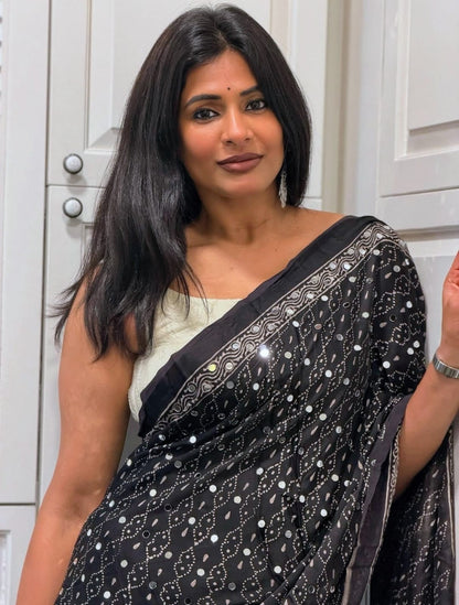 Black Ajrakh Gajji Mirror Work Saree